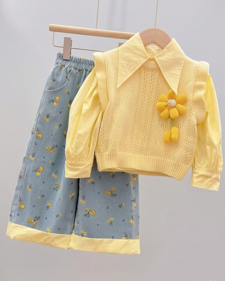 Conjunto niña 3 piezas ropa  elegante con camisa de mangas abullonadas, chaqueta con detalles en España