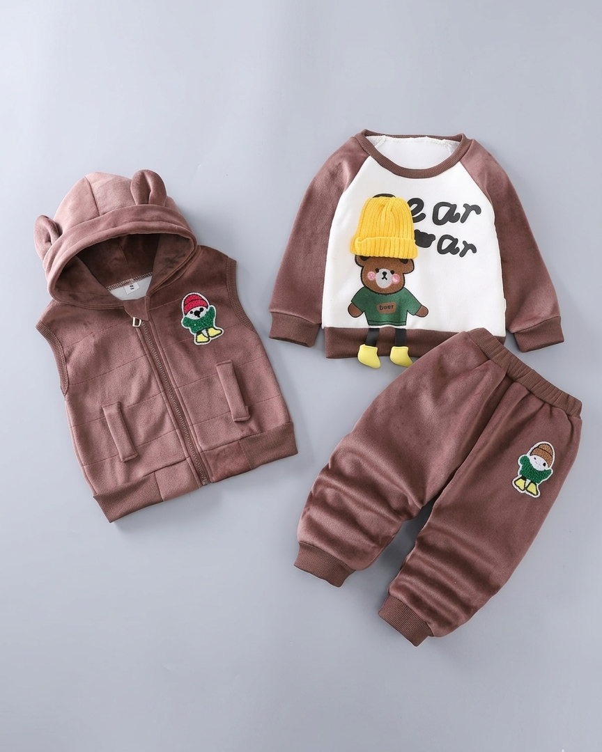 Conjunto niño invierno 3 piezas ropa infantil con osito bordado y chaleco con capucha , Ideal para clima otoñal en España