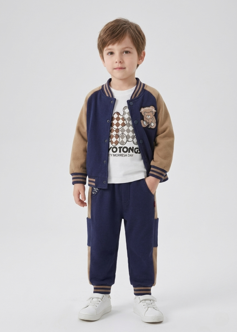 Conjunto deportivo bebé 3 piezas (chaqueta, camiseta interior de algodón y pantalón) con osito | chándal bebé, ropa bebé niño en España