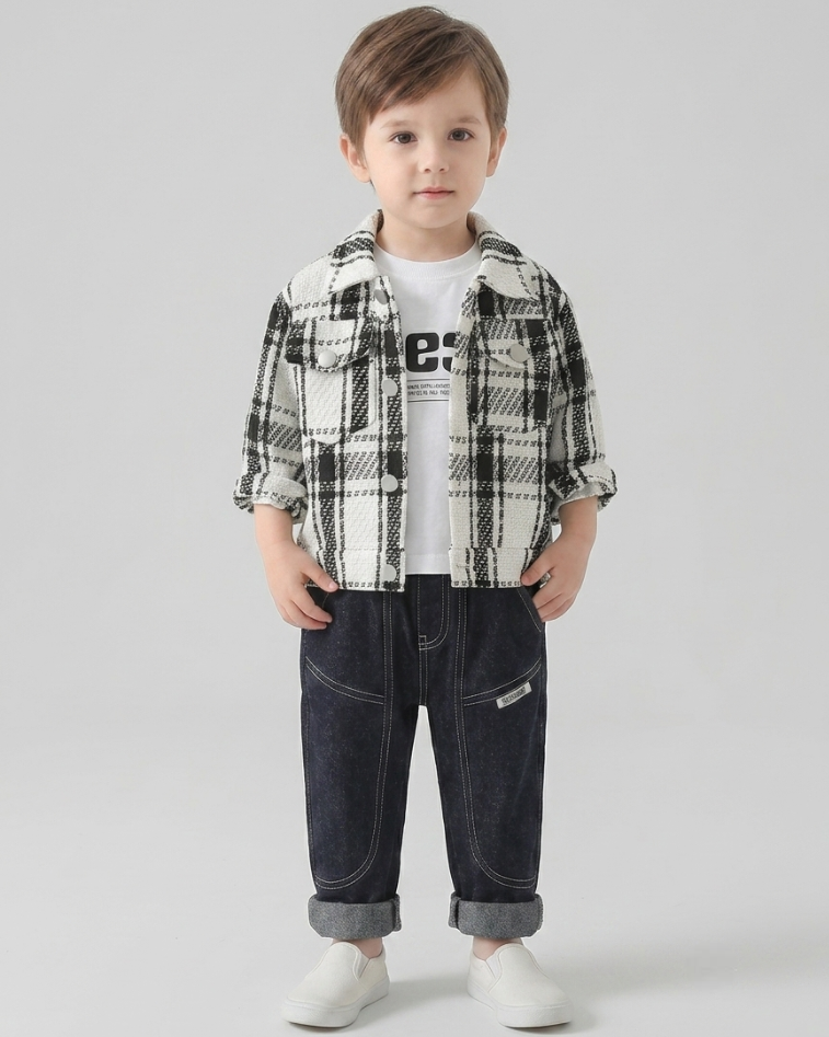 Conjunto bebé niño 3 piezas camisa tartán, camiseta y pantalón vaquero en España