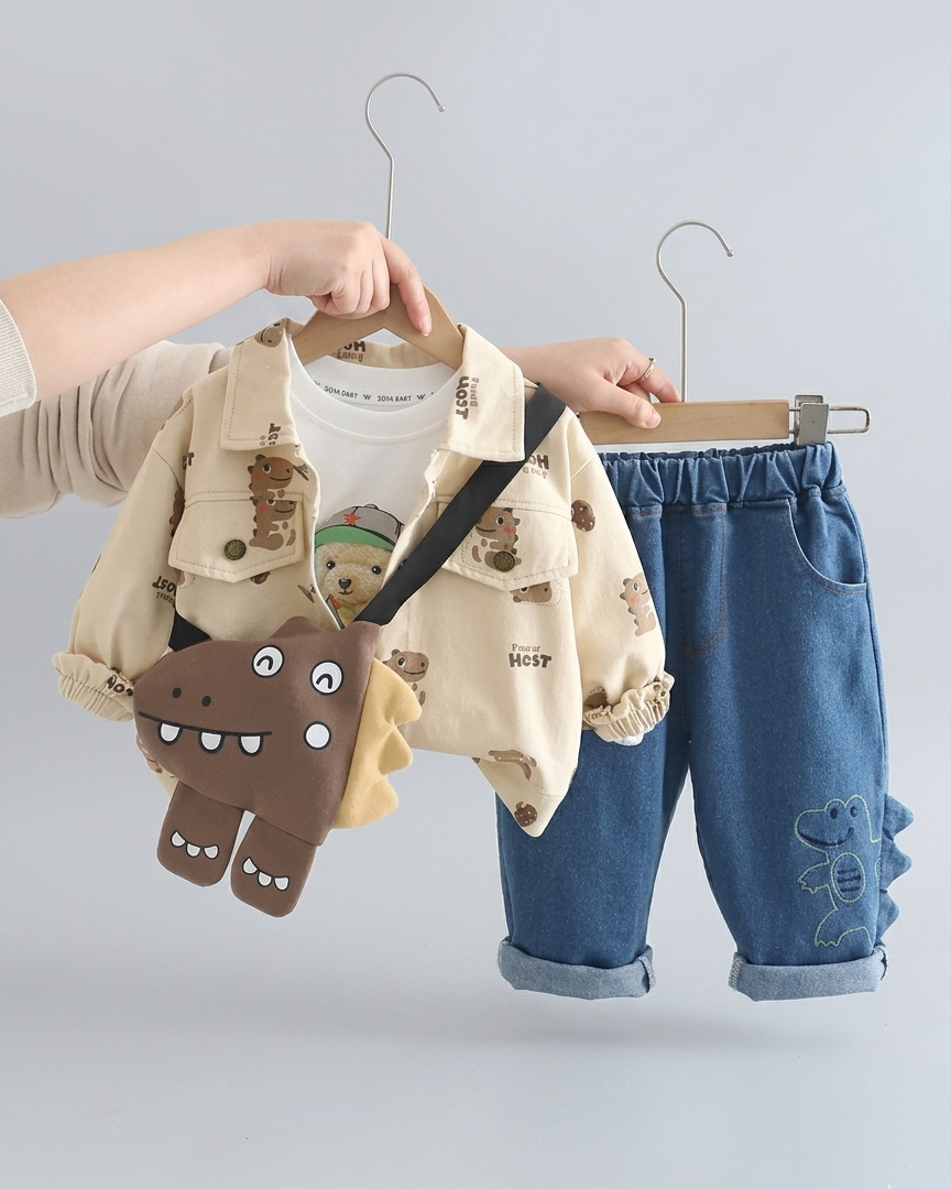 Conjunto infantil 3 piezas dinosaurios para niño: camiseta estampada, interior ligero y pantalón vaquero en España