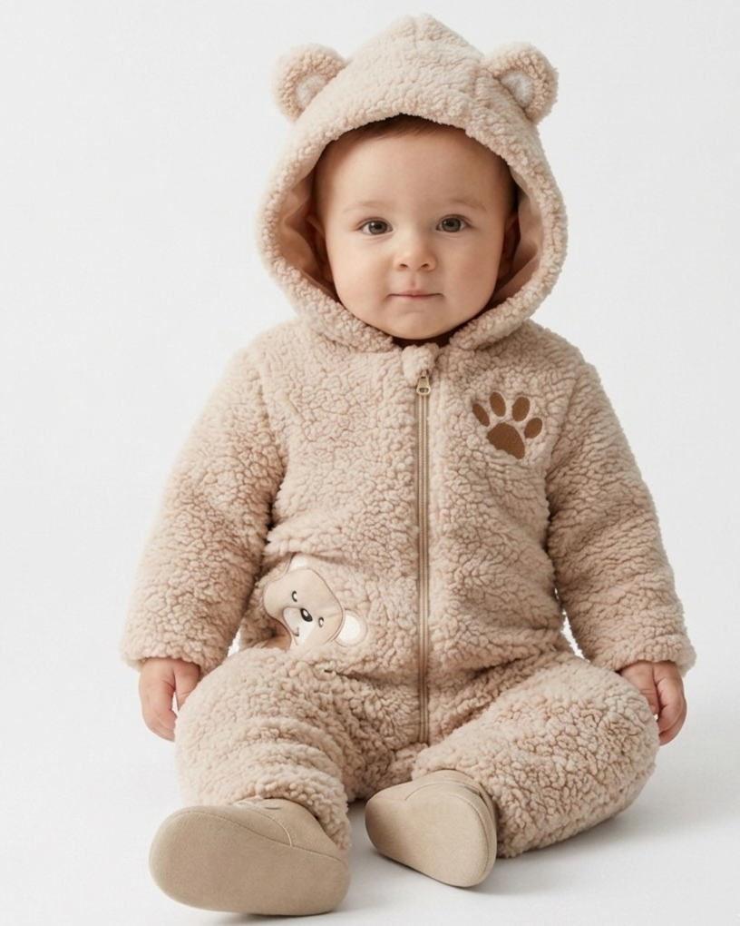 Conjunto de invierno niño sherpa Teddy Bear con capucha de orejitas y forro cálido vista frontal