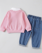 Conjunto niña 2 piezas suéter rosa y pantalón vaquero bordado cerezas ropa niña,Ideal para clima otoñal y principios de invierno en España