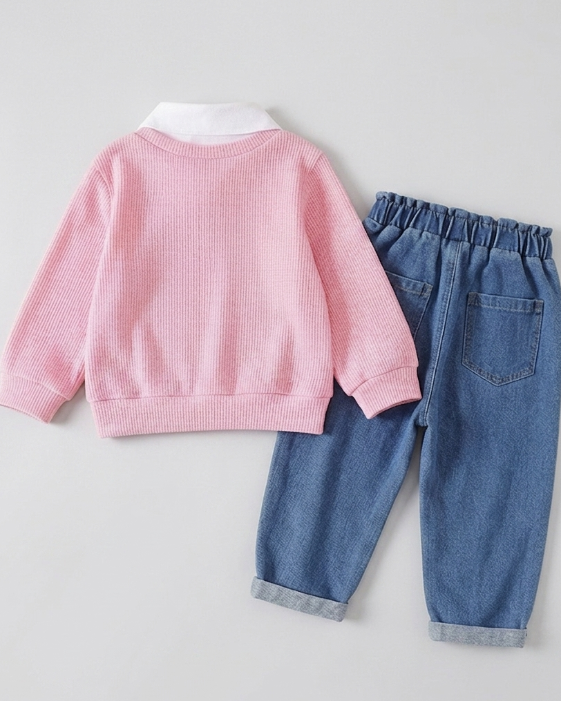 Conjunto niña 2 piezas suéter rosa y pantalón vaquero bordado cerezas ropa niña,Ideal para clima otoñal y principios de invierno en España