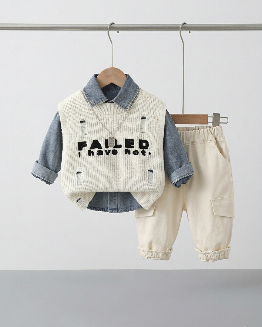Conjunto niño 3 piezas casual moderno con chaleco de punto, ropa infantil niño,Ideal para clima otoñal en España