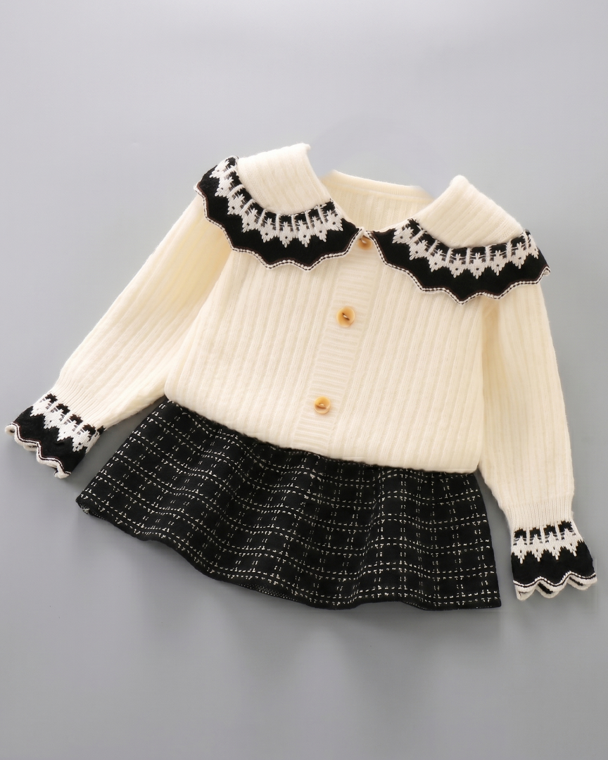 Conjunto niña invierno 2 piezas cárdigan de punto y falda estampada ,destacada para looks elegantes y sencillos en España