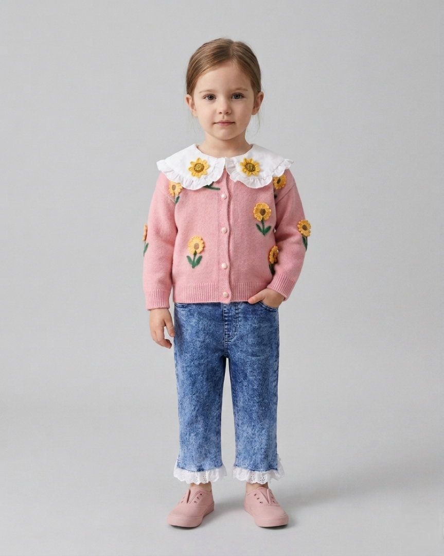 Conjunto niña 2 piezas: blusa tejida con cuello decorado y pantalón vaquero elegante en España