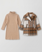Conjunto niña invierno 2 piezas abrigo de cuadros y vestido lencero elegante en España