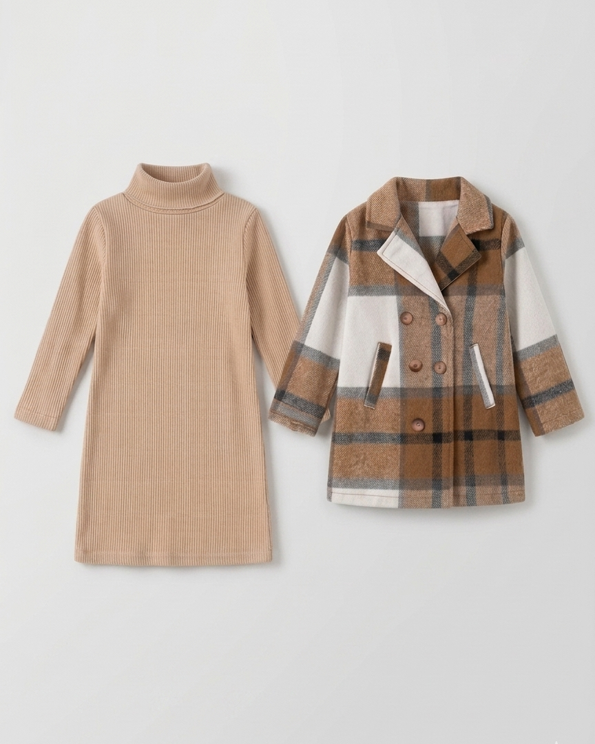Conjunto niña invierno 2 piezas abrigo de cuadros y vestido lencero elegante en España