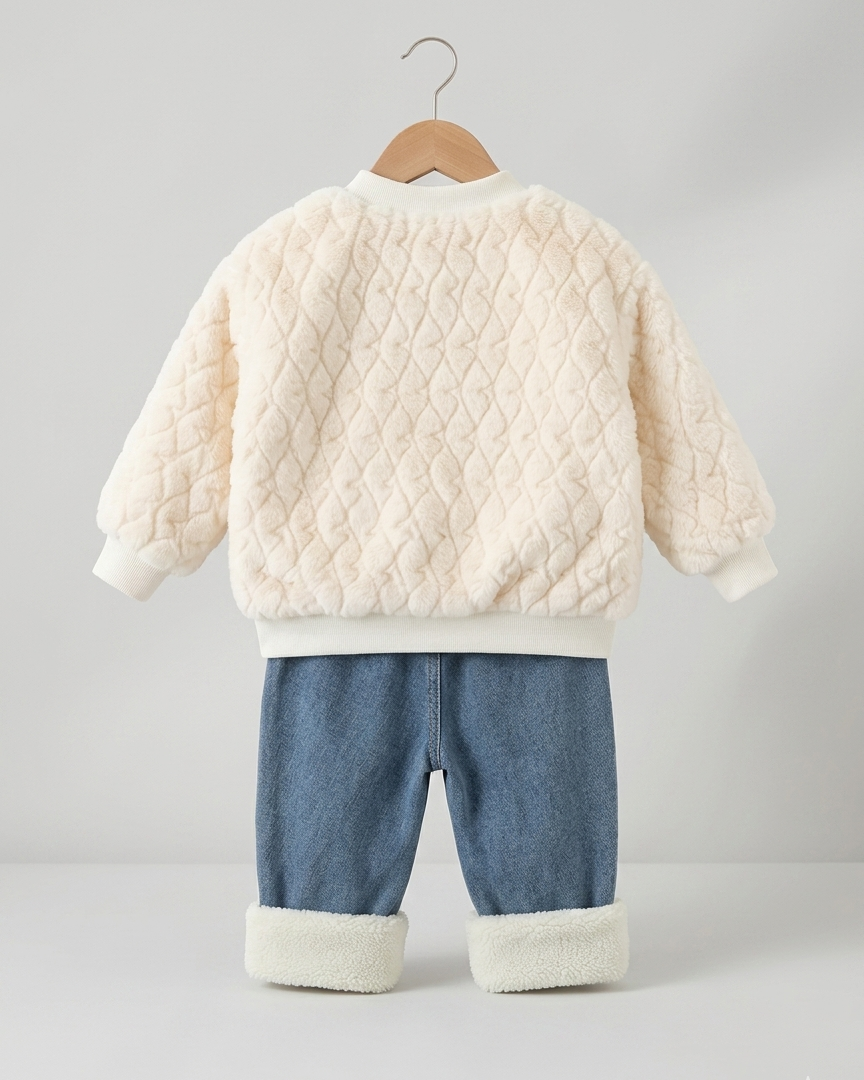 Conjunto niña invierno 2 piezas sudadera felpa y pantalón vaquero acolchado,Ideal para clima otoñal y principios de invierno en España