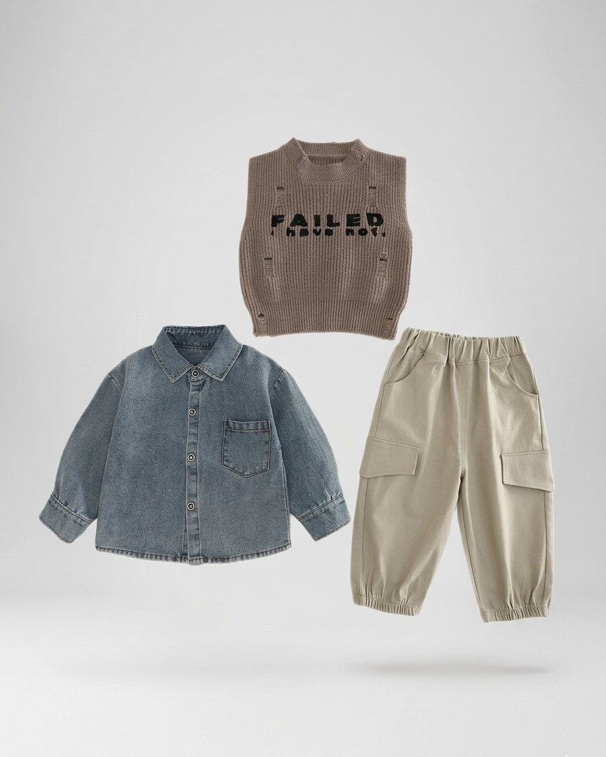 Conjunto niño 3 piezas casual moderno con chaleco de punto, ropa infantil niño,Ideal para clima otoñal en España