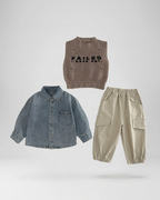 Conjunto niño 3 piezas casual moderno con chaleco de punto, ropa infantil niño,Ideal para clima otoñal en España