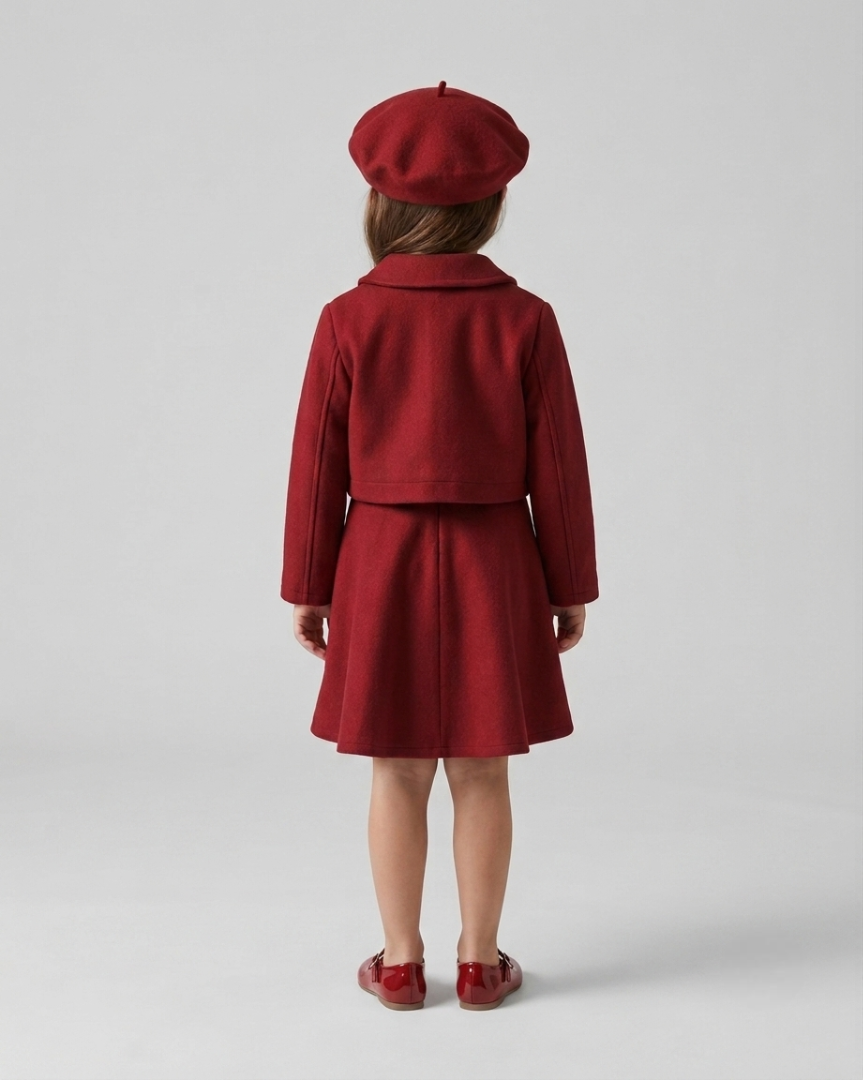 Conjunto niña 3 piezas ropa niña elegante vestido chaqueta y gorro rojo burdeos,Ideal para primavera  en España