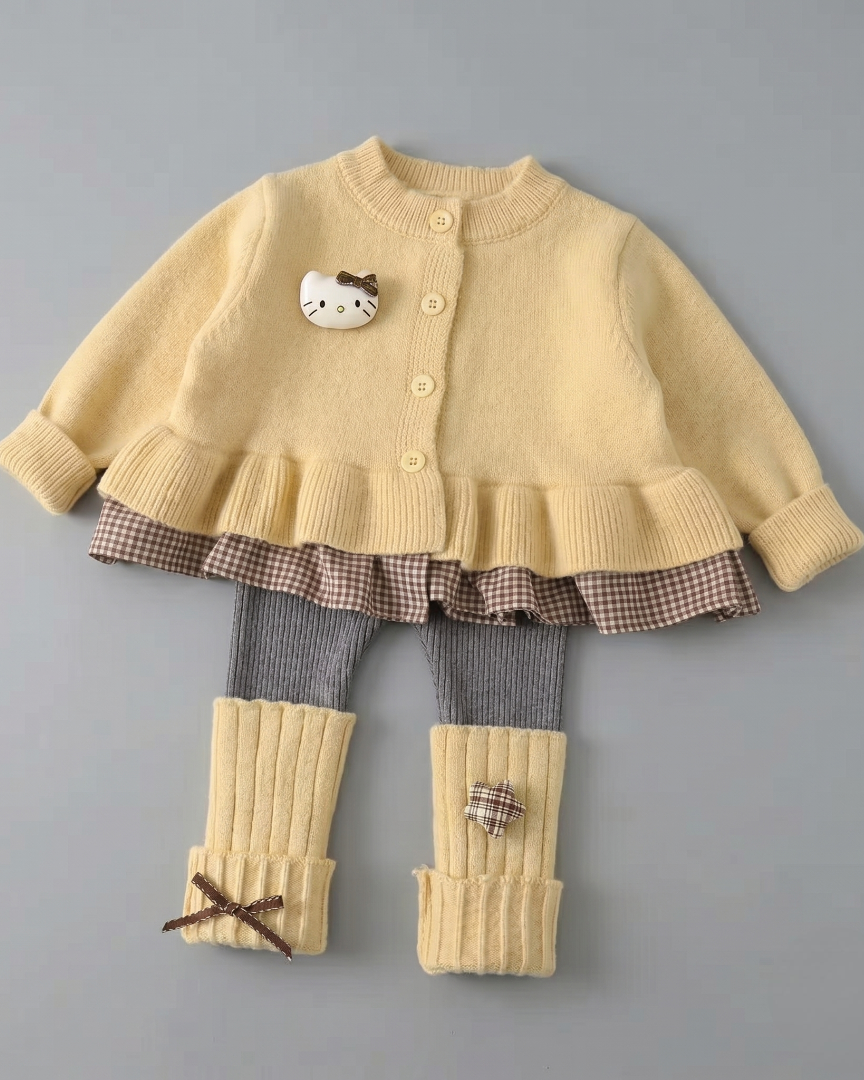 Conjunto niña invierno 2 piezas cárdigan de punto y falda estampada ,destacada para looks elegantes y sencillos en España
