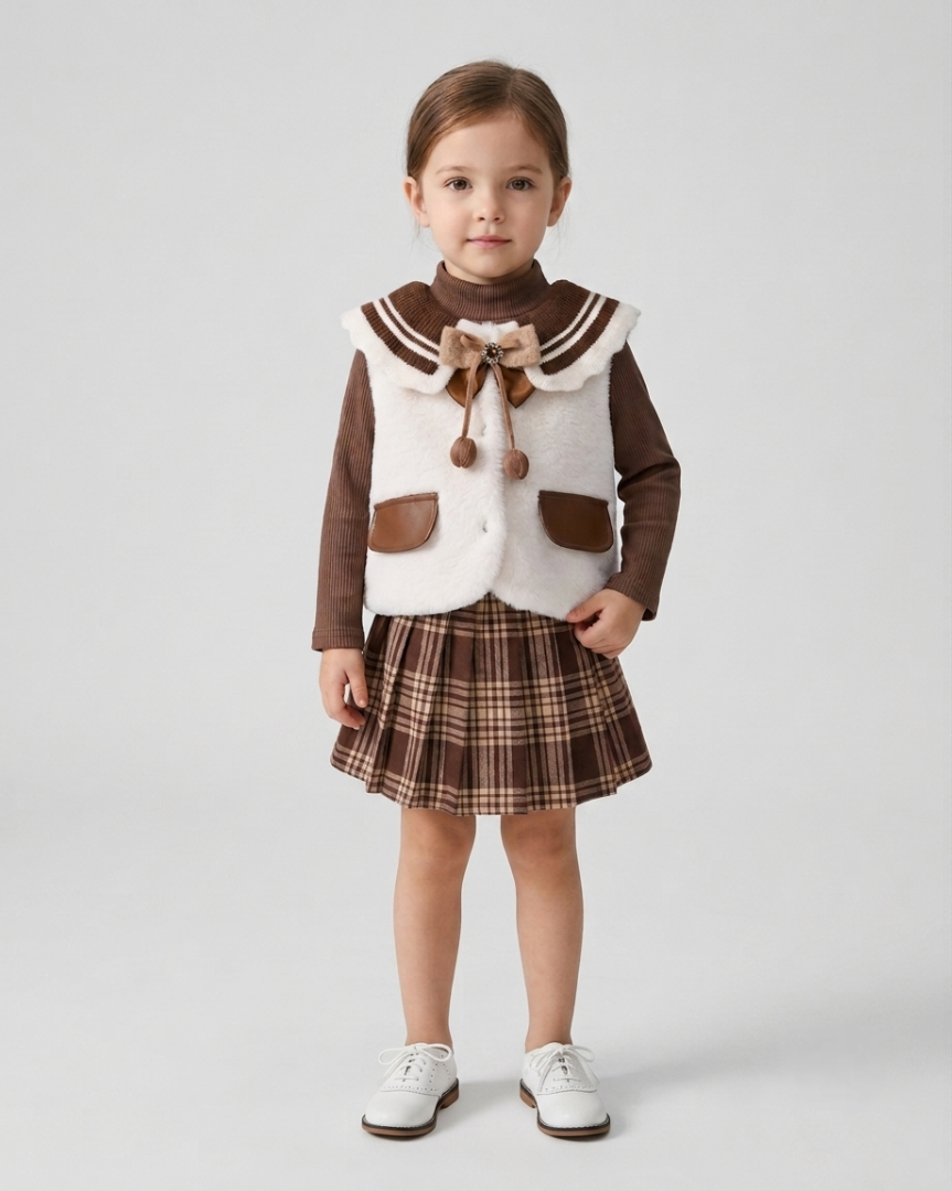 Conjunto niña 3 piezas elegante ropa bebé niña con chaleco de lana y falda de cuadros,Ideal para clima otoñal  en España