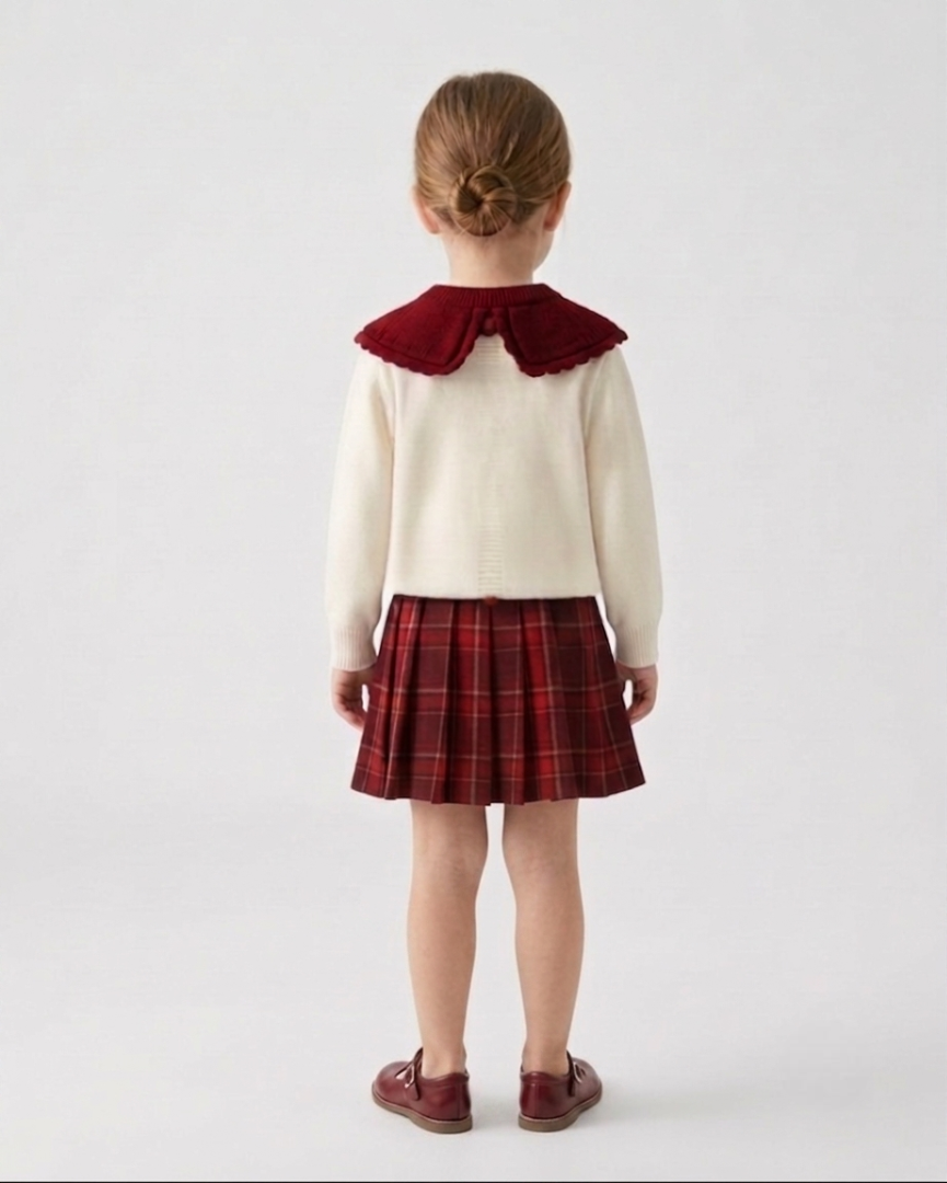 Conjunto niña invierno elegante 2 piezas ropa niña suéter tejido y falda de cuadros,Ideal para clima otoñal  en España