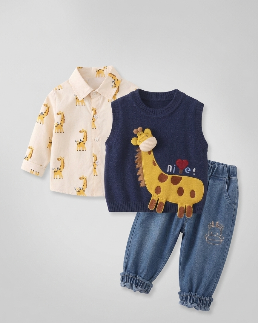 Conjunto bebé 3 piezas ropa bebé algodón con chaqueta de punto y pantalón vaquero con jirafa 3D en España
