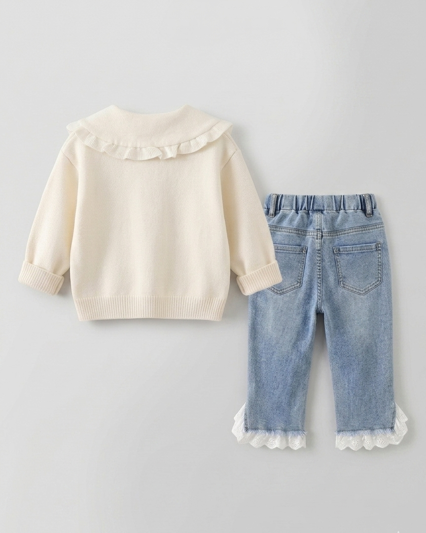Conjunto niña 2 piezas: blusa tejida con cuello decorado y pantalón vaquero elegante en España