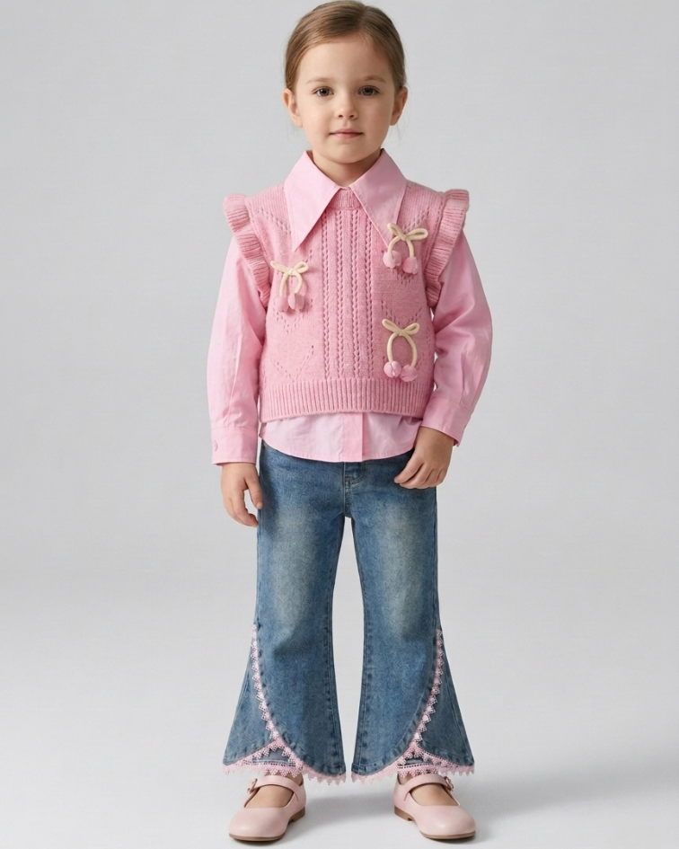 Conjunto niña 3 piezas elegante con blusa, suéter de punto y pantalón vaquero acampanado con encaje,en España