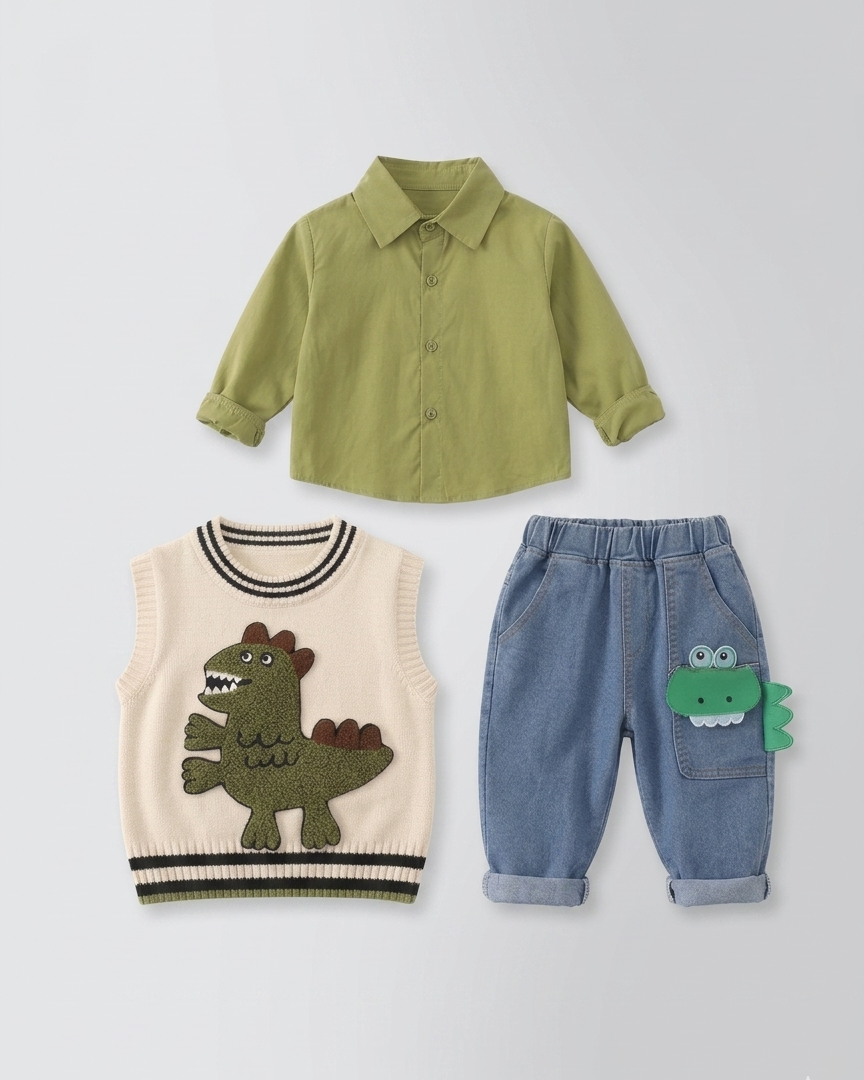 Conjunto niño 3 piezas ropa infantil con dinosaurio 3D (chaqueta, camiseta y pantalón) en España