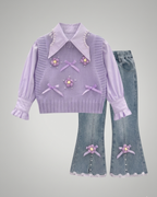 Conjunto niña 3 piezas ropa infantil blusa mangas abullonadas chaleco perlas y pantalón vaquero,Ideal para primavera y para clima otoñal en España