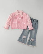 Conjunto niña 3 piezas ropa infantil blusa mangas abullonadas chaleco perlas y pantalón vaquero,Ideal para primavera y para clima otoñal en España