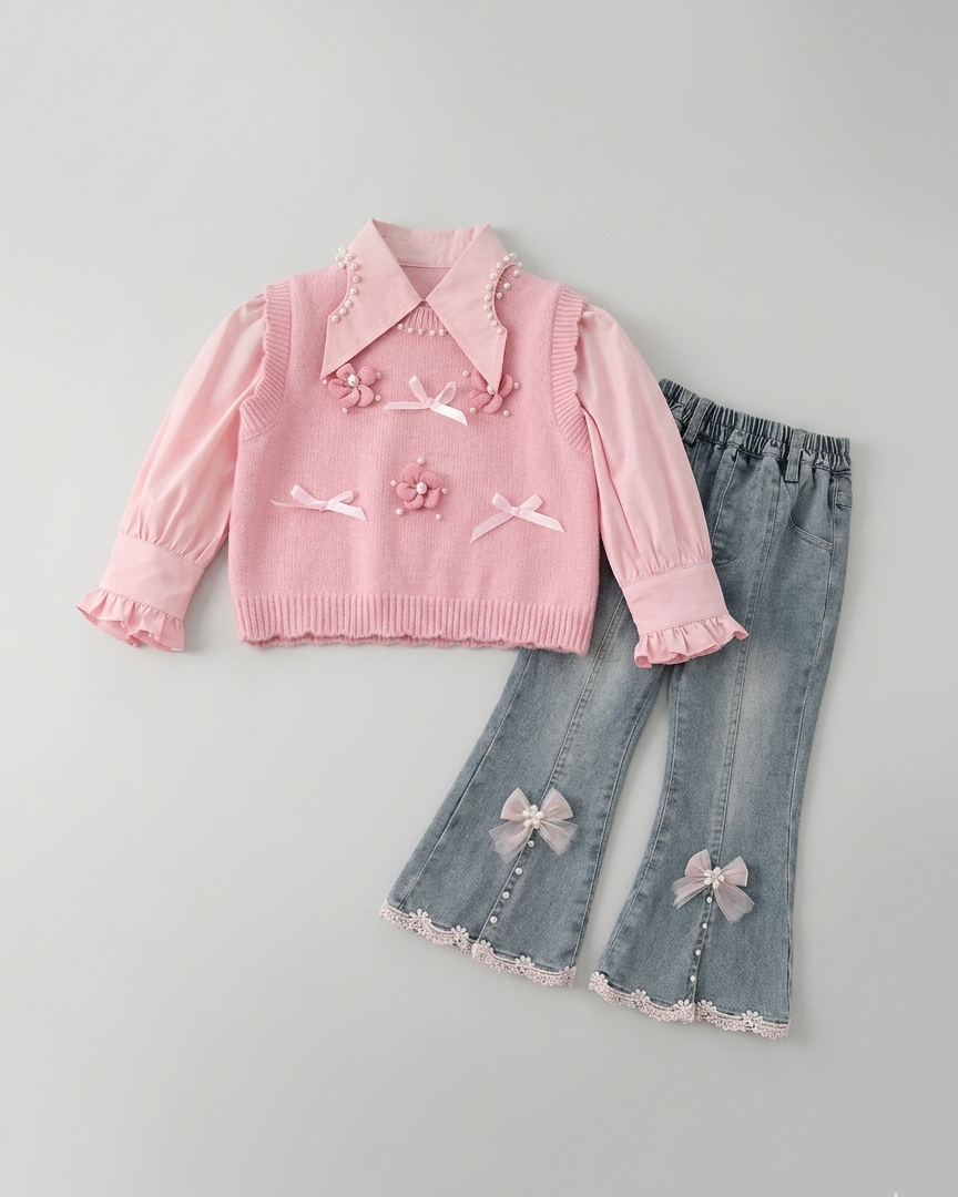 Conjunto niña 3 piezas ropa infantil blusa mangas abullonadas chaleco perlas y pantalón vaquero,Ideal para primavera y para clima otoñal en España