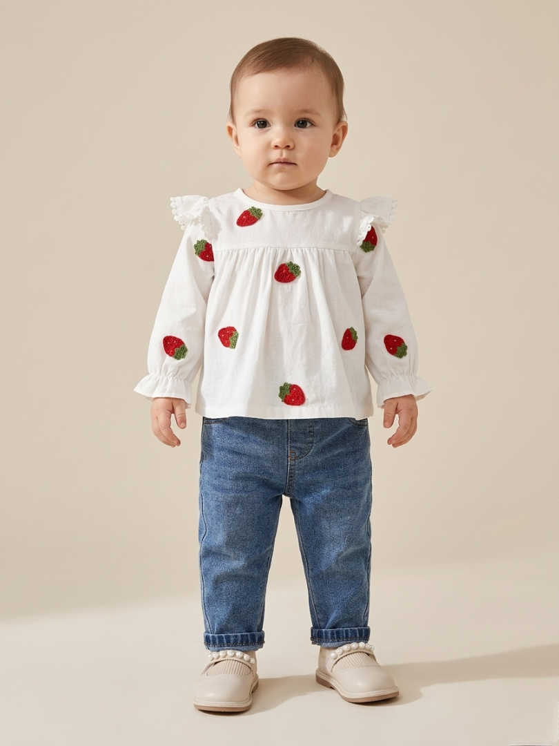 Conjunto de dos piezas: blusa bordada y jeans para un look encantador para tu niña