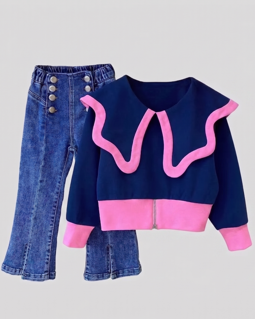 Conjunto niña elegante 2 piezas blusa azul marino con detalles rosas y pantalón vaquero flare con botones dorados