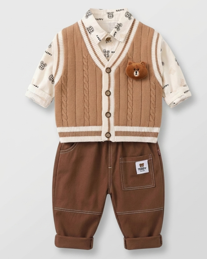 Conjunto niño invierno 3 piezas camisa chaleco de lana y pantalón cómodo 