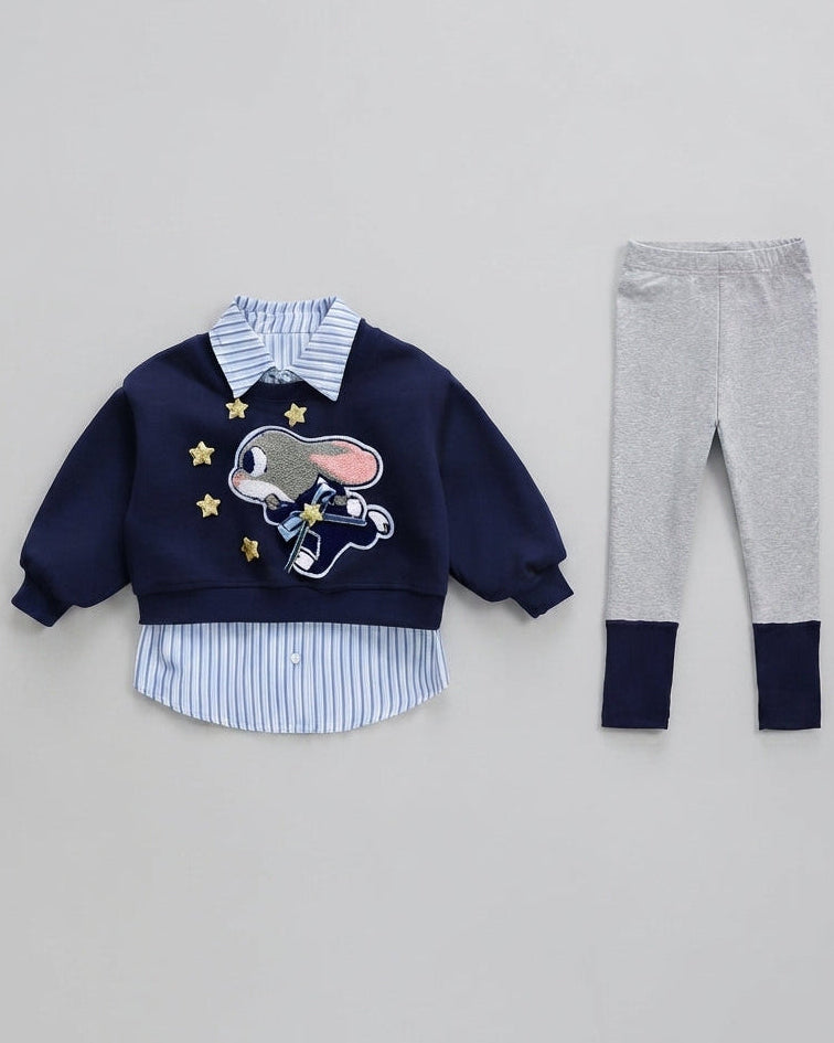Conjunto Niña 3 Piezas Infantil Suéter Bordado y Rayas