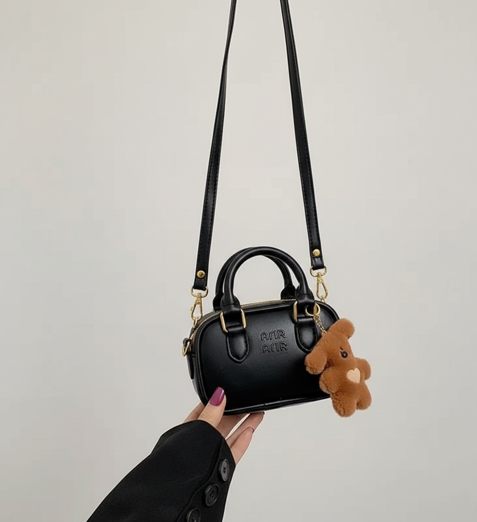 Vestido negro real acompañado de zapatos a juego y bolso