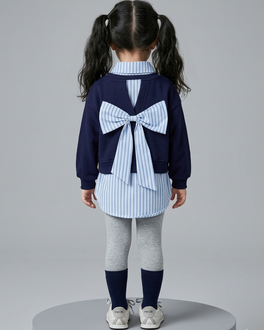 Conjunto niña 3 piezas ropa infantil - suéter bordado camiseta a rayas, niña de espaldas con lazo grande en suéter.