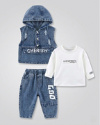 Conjunto niño 3 piezas ropa infantil vaquera con chaleco con capucha, camiseta blanca y pantalón vaquero en España