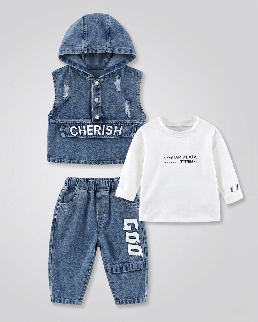 Conjunto niño 3 piezas ropa infantil vaquera con chaleco con capucha, camiseta blanca y pantalón vaquero en España