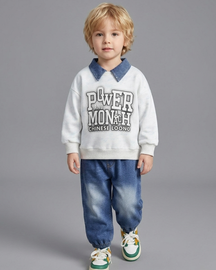Conjunto niño 2 piezas sudadera con cuello vaquero y pantalón denim en España