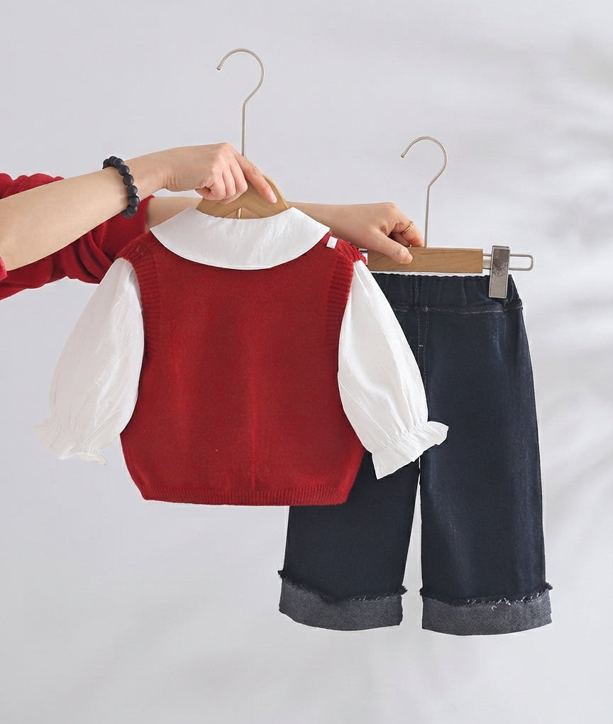 Conjunto Elegante de 3 Piezas para Niña  Chaleco de Punto, Blusa y Pantalón Vaquero
