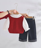 Conjunto Elegante de 3 Piezas para Niña  Chaleco de Punto, Blusa y Pantalón Vaquero
