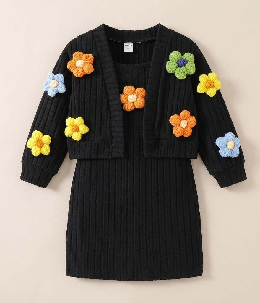 "Vestido de lana con chaqueta de flores en relieve, diseño de invierno para niñas"