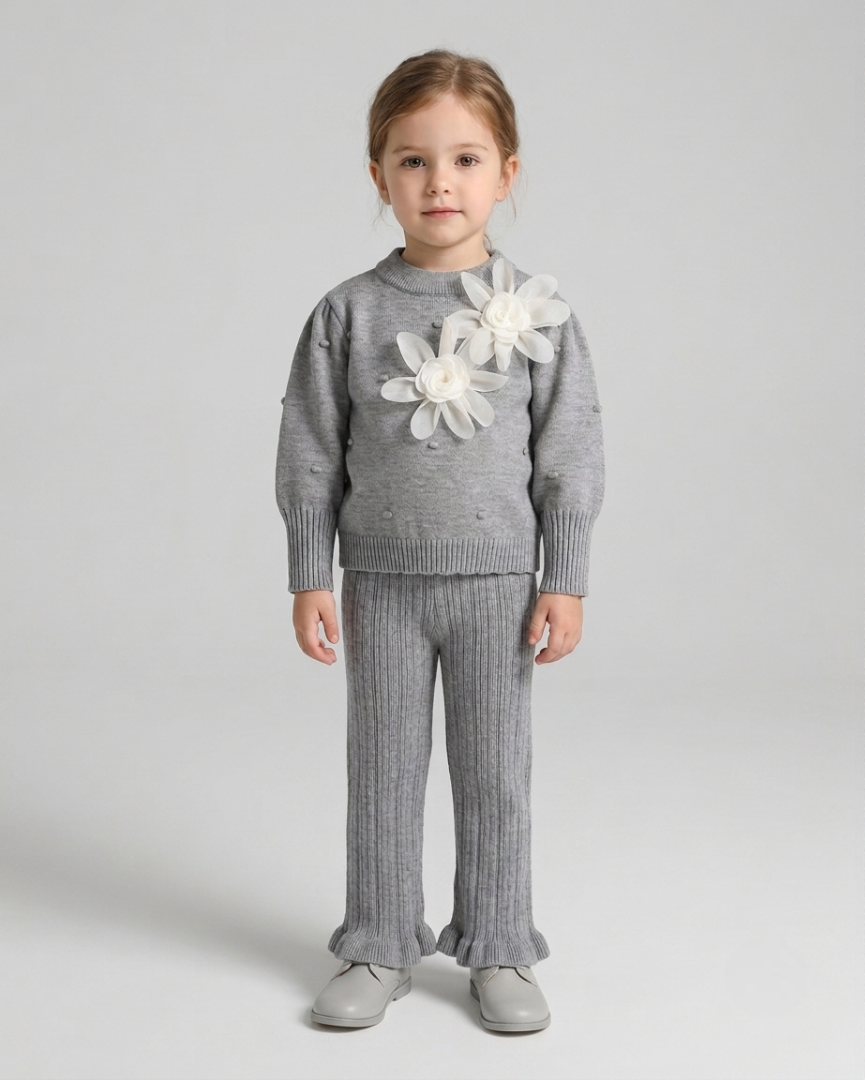 Conjunto niña invierno 2 piezas ropa niña: blusa tejida con flores y pantalón tejido acanalado en España