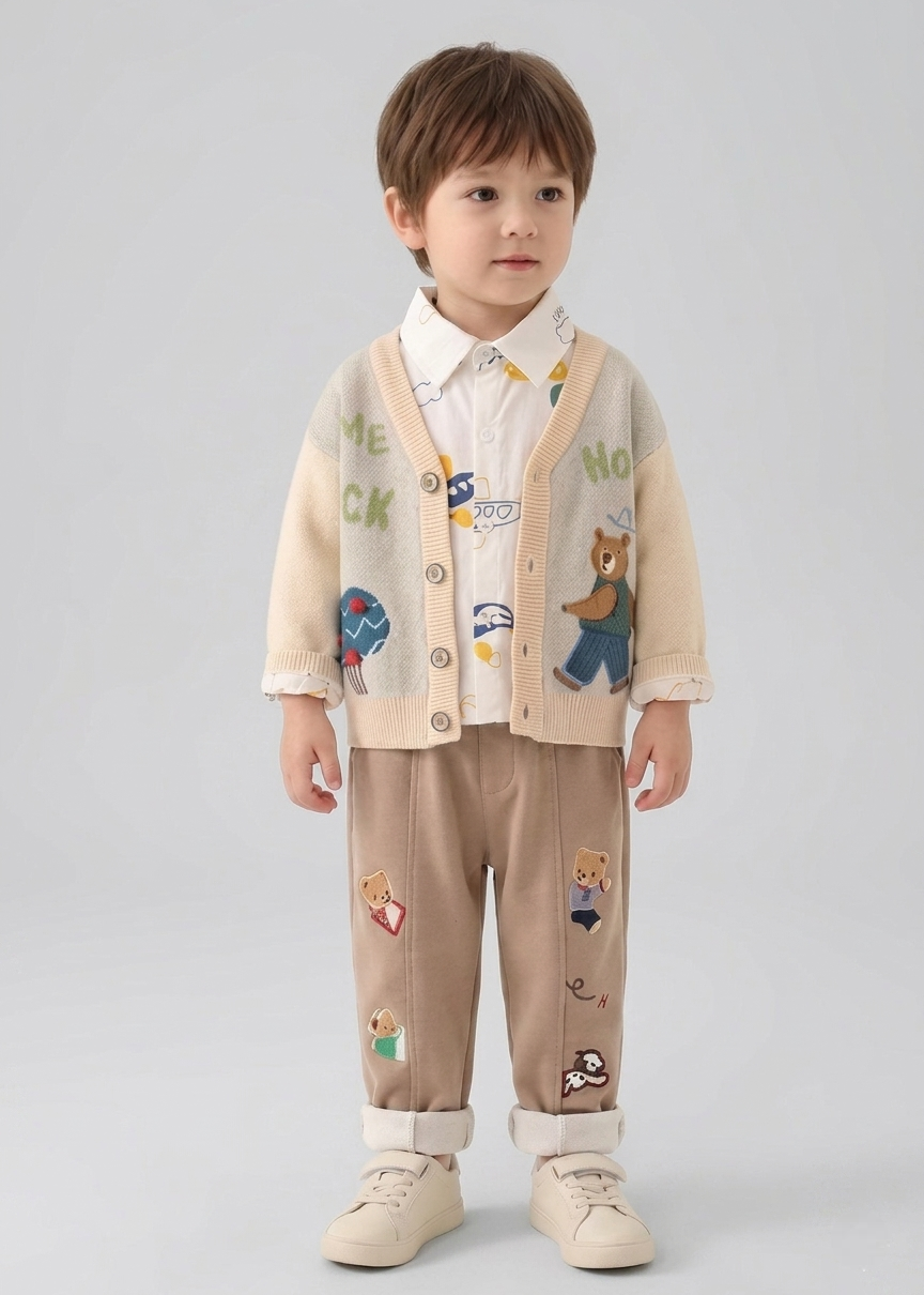 Conjunto bebé invierno 3 piezas con suéter de lana bordado camisa y pantalón vista frontal