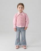 Conjunto niña 3 piezas: camisa rosa, suéter de punto suave y pantalón vaquero con encaje en España