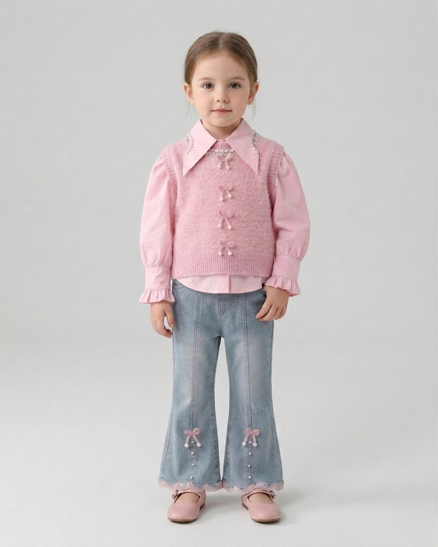 Conjunto niña 3 piezas: camisa rosa, suéter de punto suave y pantalón vaquero con encaje en España