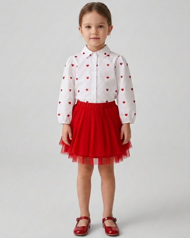 Conjunto niña 2 piezas falda de tul roja y camiseta con corazones – ropa niña elegante en España