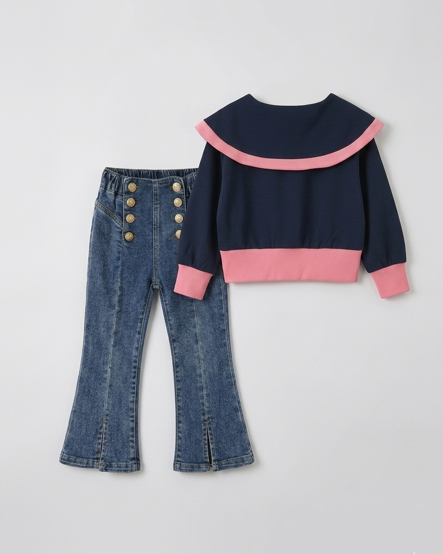 Conjunto niña elegante 2 piezas blusa azul marino con detalles rosas y pantalón vaquero flare con botones dorados