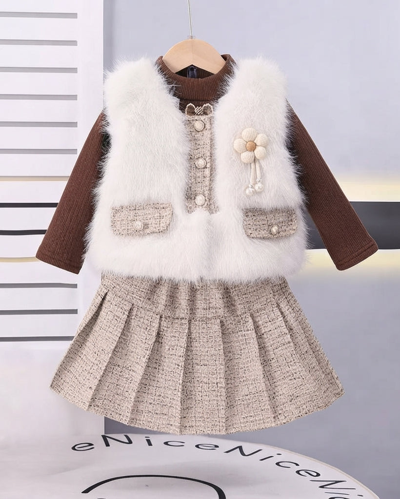Conjunto Niña Falda Tweed Invierno Chaleco Piel
