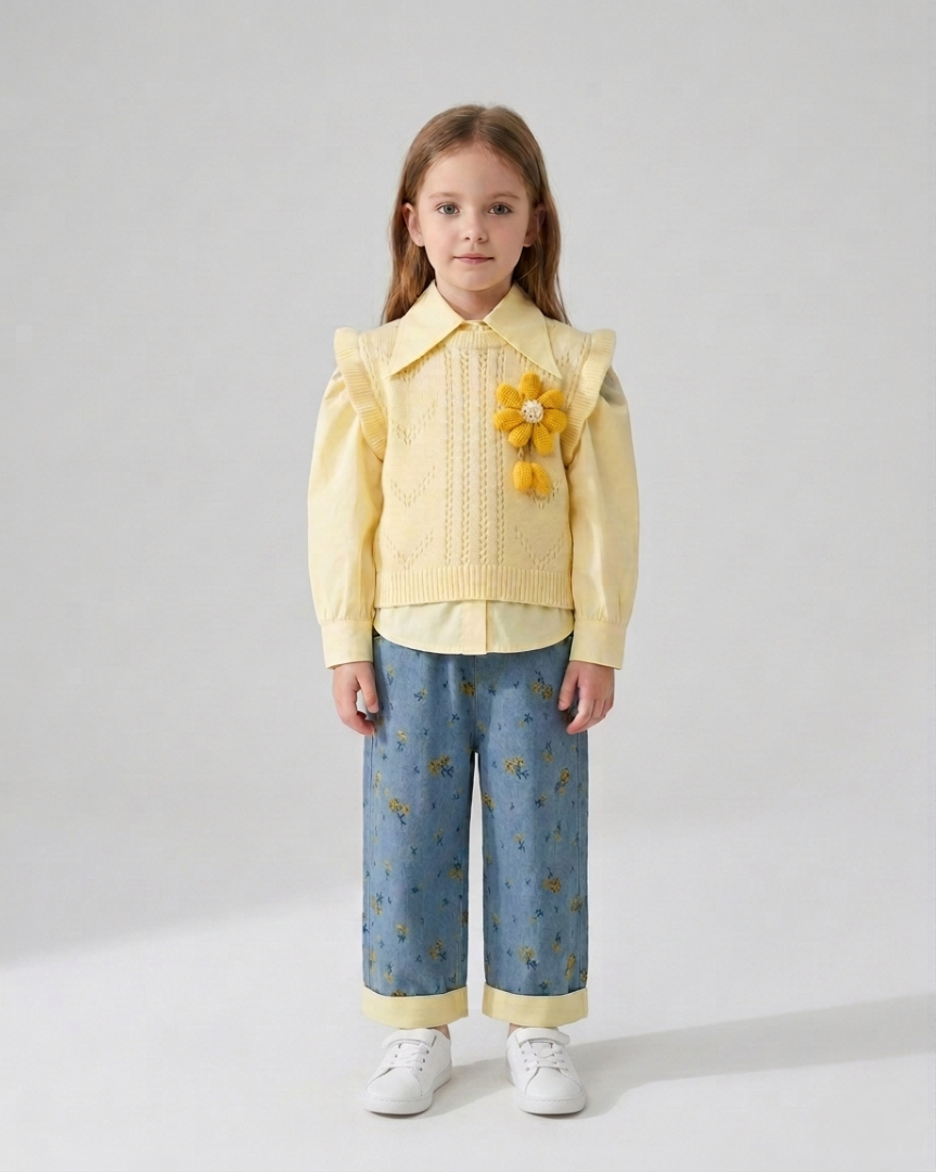 Conjunto niña 3 piezas ropa  elegante con camisa de mangas abullonadas, chaqueta con detalles en España