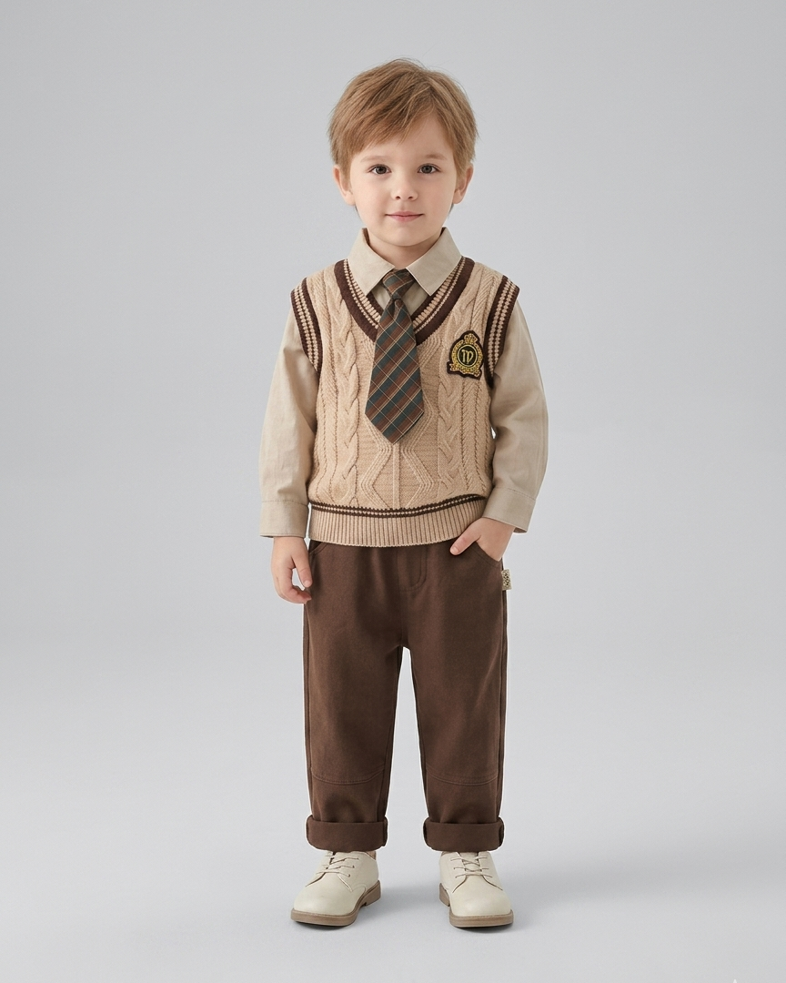 Conjunto niño elegante 3 piezas: chaleco de lana, camisa de manga larga y pantalón cómodo,Ideal para primavera y para clima otoñal  en España