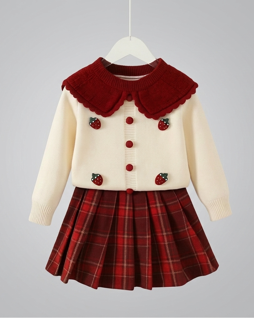 Conjunto niña invierno elegante 2 piezas ropa niña suéter tejido y falda de cuadros,Ideal para clima otoñal  en España