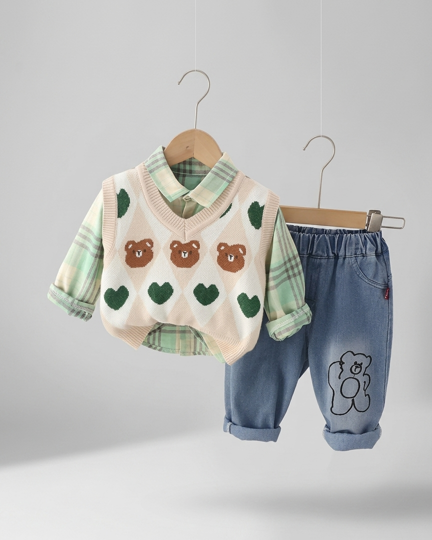 Conjunto niño otoño 3 piezas ropa infantil con chaleco oso y vaqueros en España